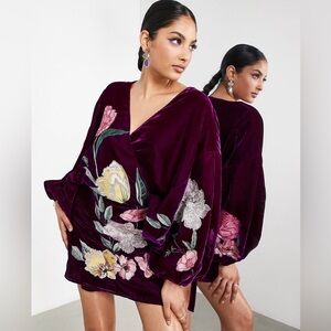 ASOS EDITION velvet wrap mini dress in dahlia floral embroidery in wine size 12